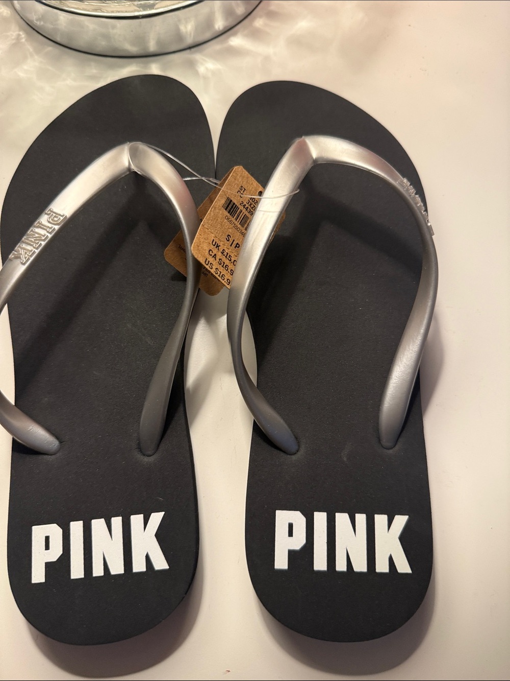 PINK Black & Silver Logo Flip Flops
